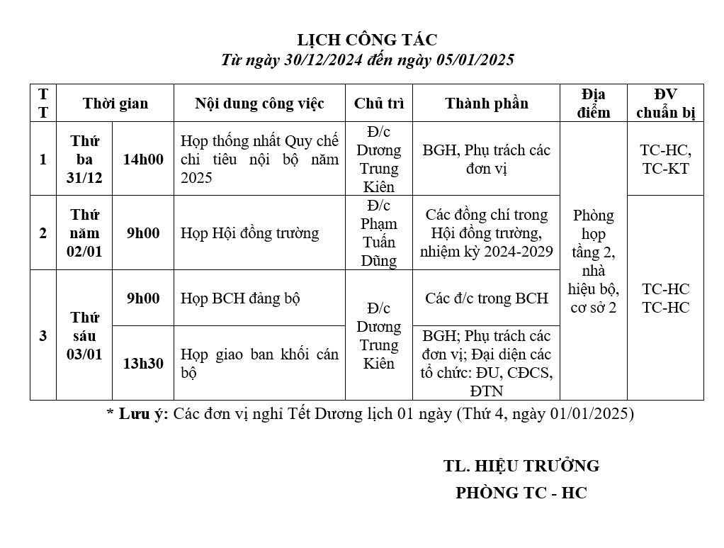 LỊCH CÔNG TÁC