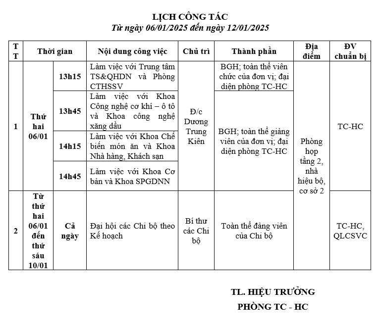 Lịch công tác từ 6.1