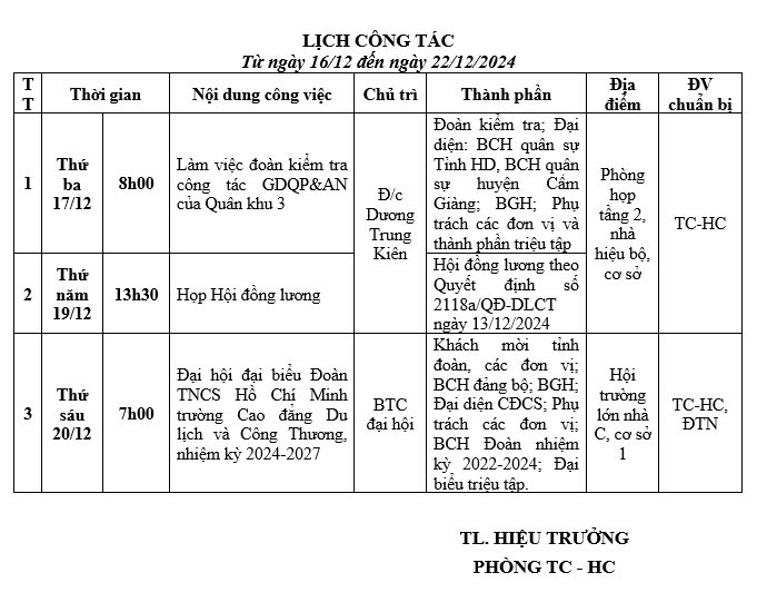 Lịch tuần từ 16.12